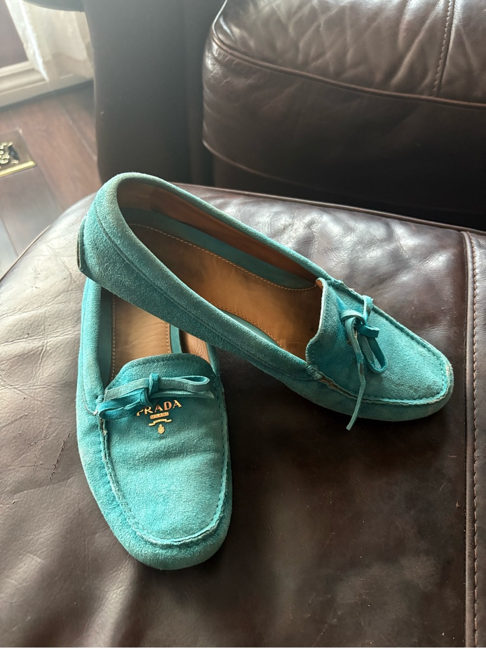 Prada Teal Suede Driving Loafers - Womens